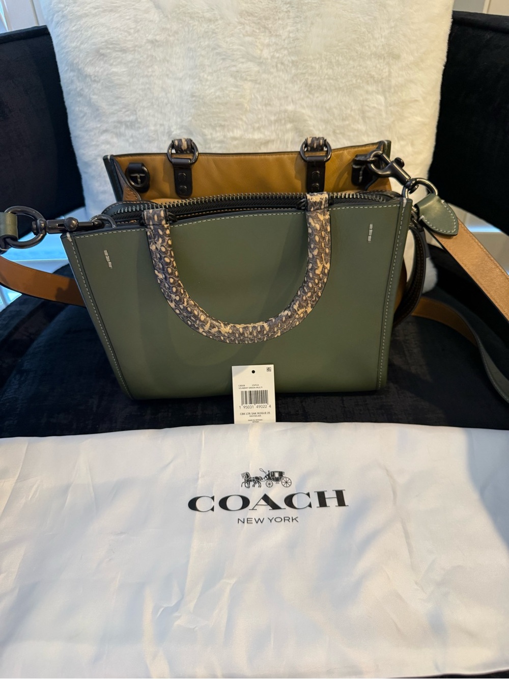 Coach Olive Leather Satchel with Snake-Print Top Handles and Tan Strap